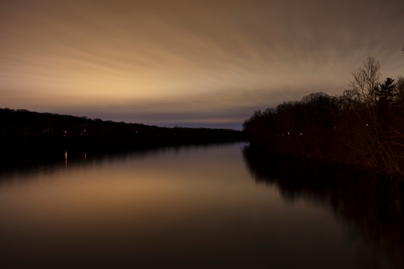 Night landscape of the Delaware River photographed from the bridge at Washington Crossing Pennsylvania